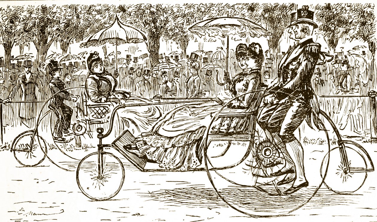 Bisiklet vagonlarına binen yolcuları gösteren bir gravür. Fransız-İngiliz karikatürist ve yazar George du Maurier (1834-1896) tarafından resmedilmiştir. by George du Maurier