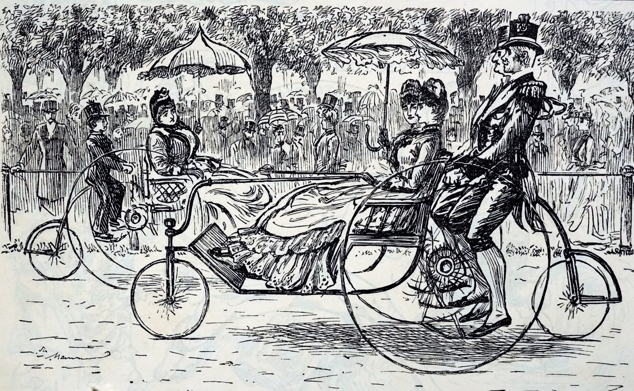 Bisiklet vagonlarına binen yolcuları gösteren bir gravür. Fransız-İngiliz karikatürist ve yazar George du Maurier (1834-1896) tarafından resmedilmiştir. by George du Maurier