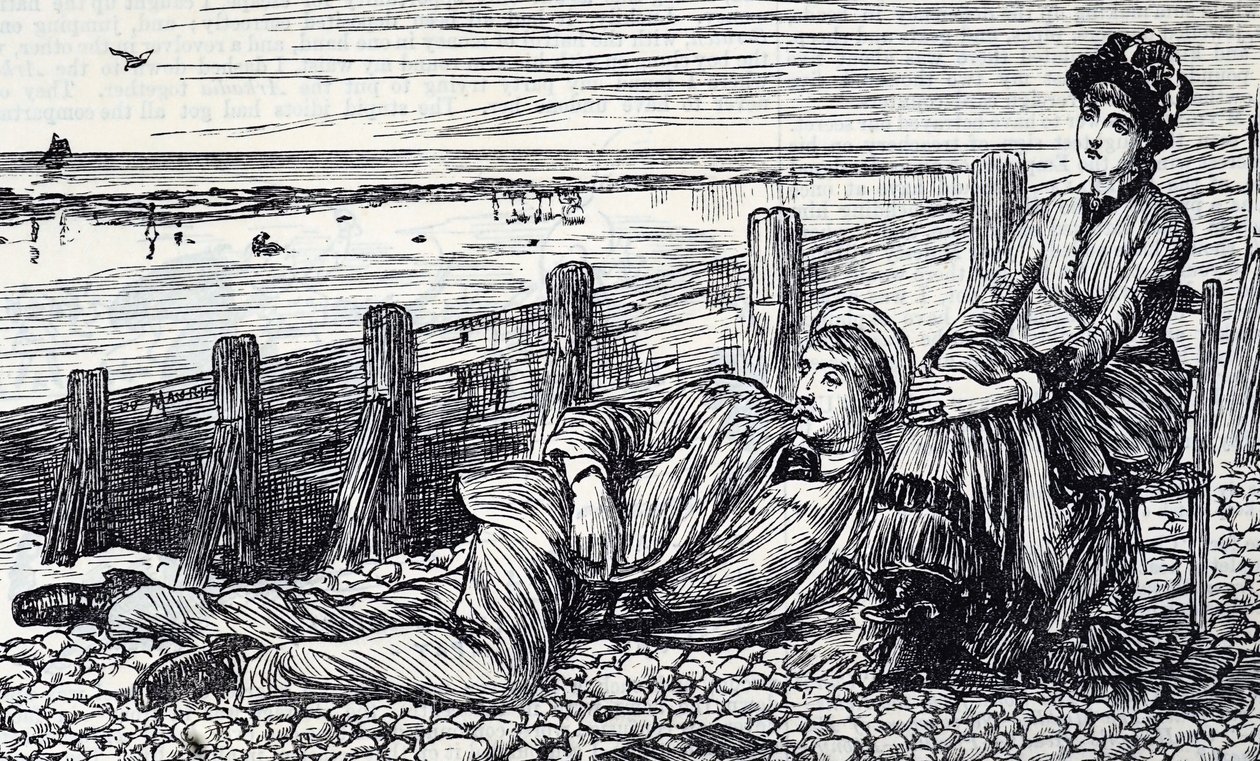 Çakıllı bir plajda balayının tadını çıkaran bir çifti tasvir eden çizgi film by George du Maurier