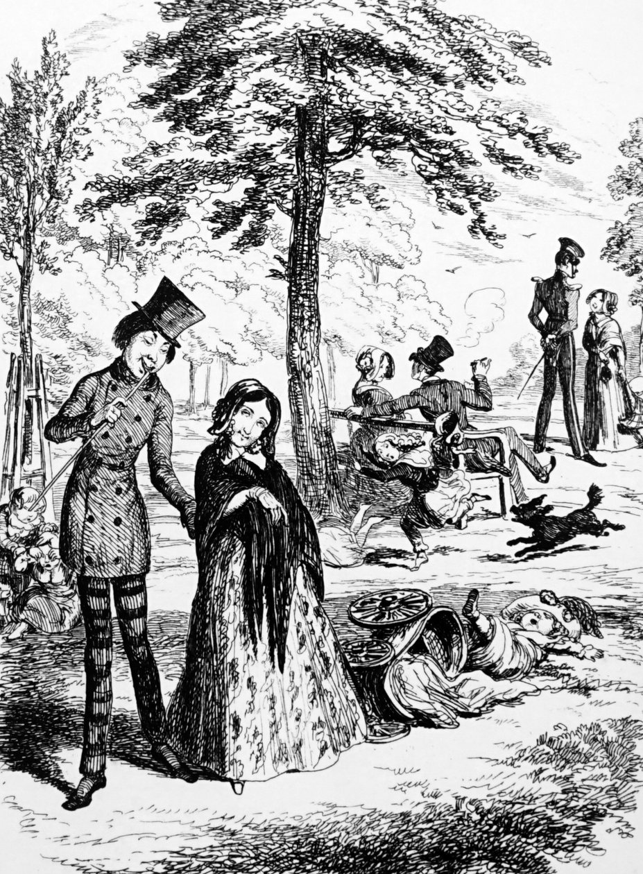 Fransız-İngiliz karikatürist ve yazar George du Maurier (1834-1896) tarafından sevgilisiyle yürüyen bir hizmetçiyi betimleyen karikatür by George du Maurier