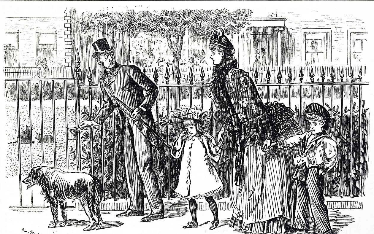 Victoria Londra sokaklarında yürüyen bir aileyi tasvir eden çizgi film by George du Maurier
