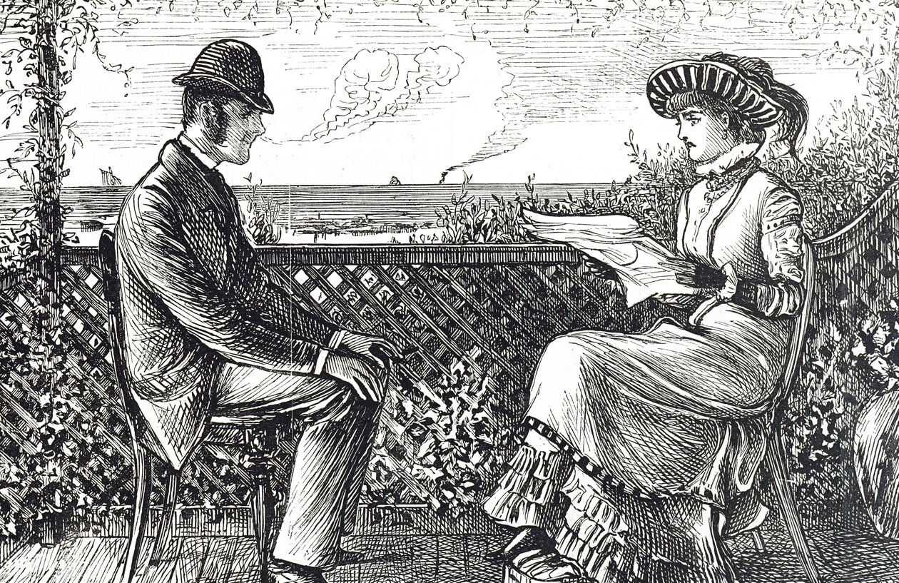 Karı kocayı betimleyen karikatür - koca, sorumluluklarının iptalini yayınlamadığı sürece karısının borçlarından sorumludur by George du Maurier