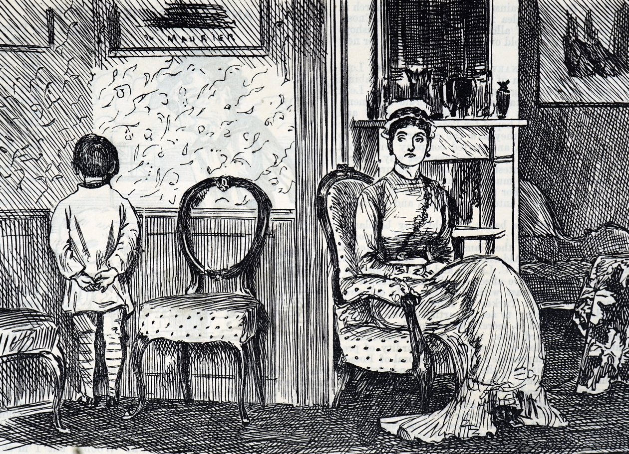 Bir annenin oğlunu duvara bakacak şekilde durdurarak cezalandırdığını gösteren çizgi film by George du Maurier