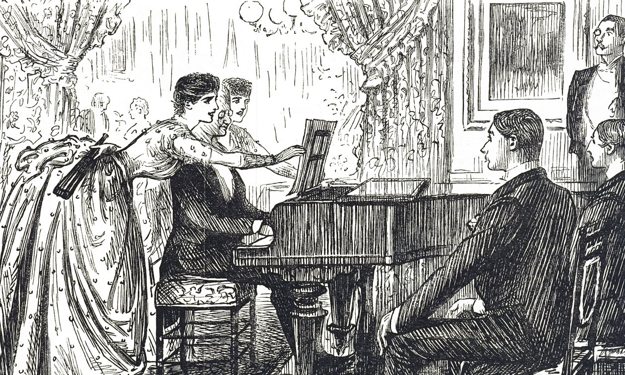 Evde müzikal bir akşamı tasvir eden çizgi film by George du Maurier