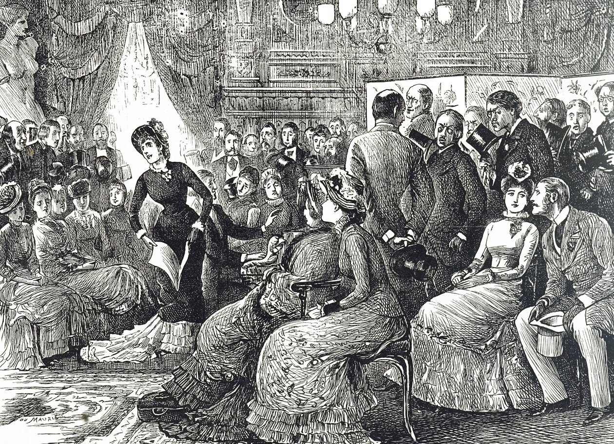 Tipik bir misafir odası konserini tasvir eden çizgi film by George du Maurier