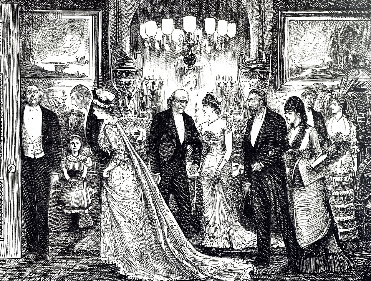 Viktorya dönemine ait bir evde zarif bir suareyi tasvir eden çizgi film by George du Maurier