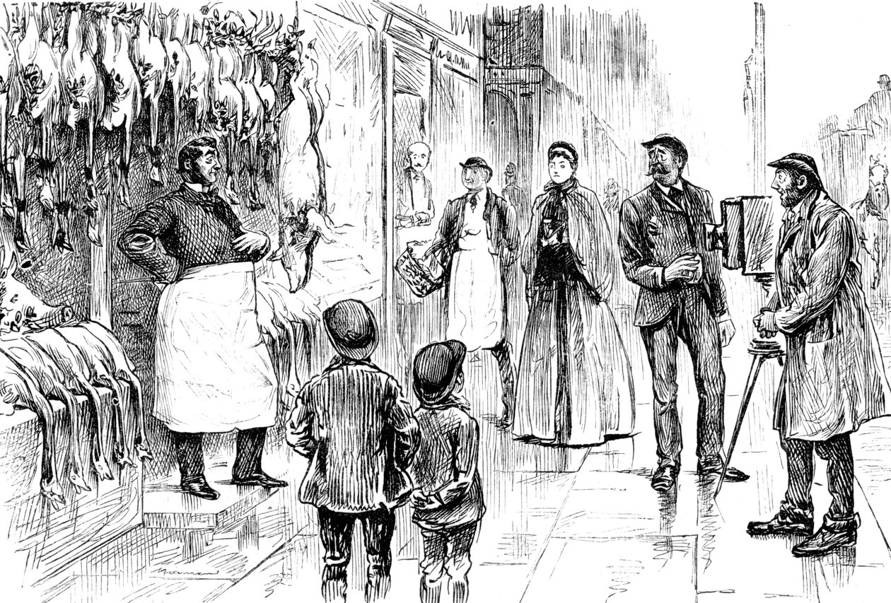 George du Maurier tarafından Noel sergisinin önünde fotoğraflanan bir kasap ve kümes hayvanını betimleyen gravür. George du Maurier (1834-1896), Fransız-İngiliz karikatürist ve yazar. 19. Yüzyıl Tarihli © UIG/Leemage by George du Maurier