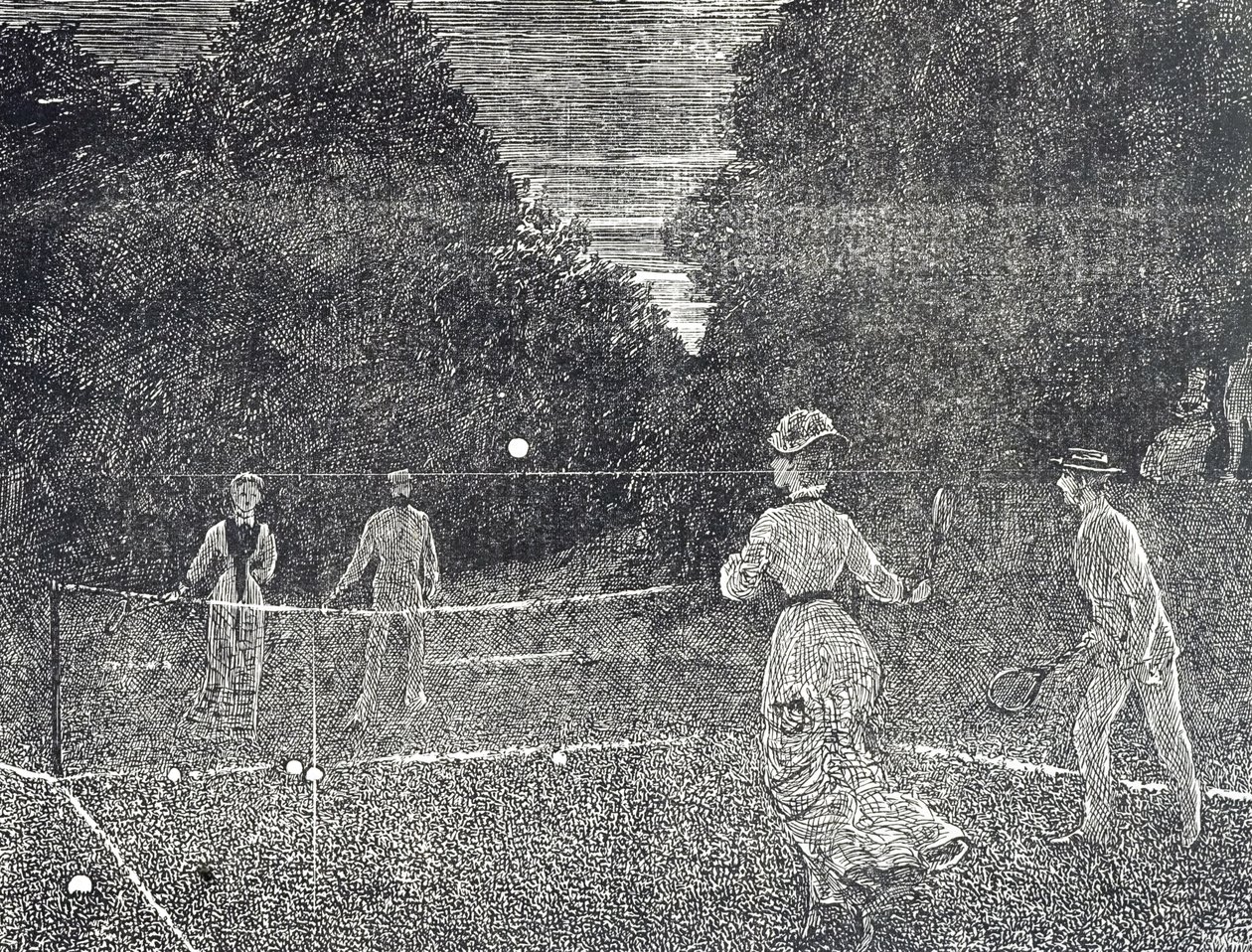 Tenis oyuncularına önerilen beyaz fosforlu boya kullanımını gösteren gravür by George du Maurier