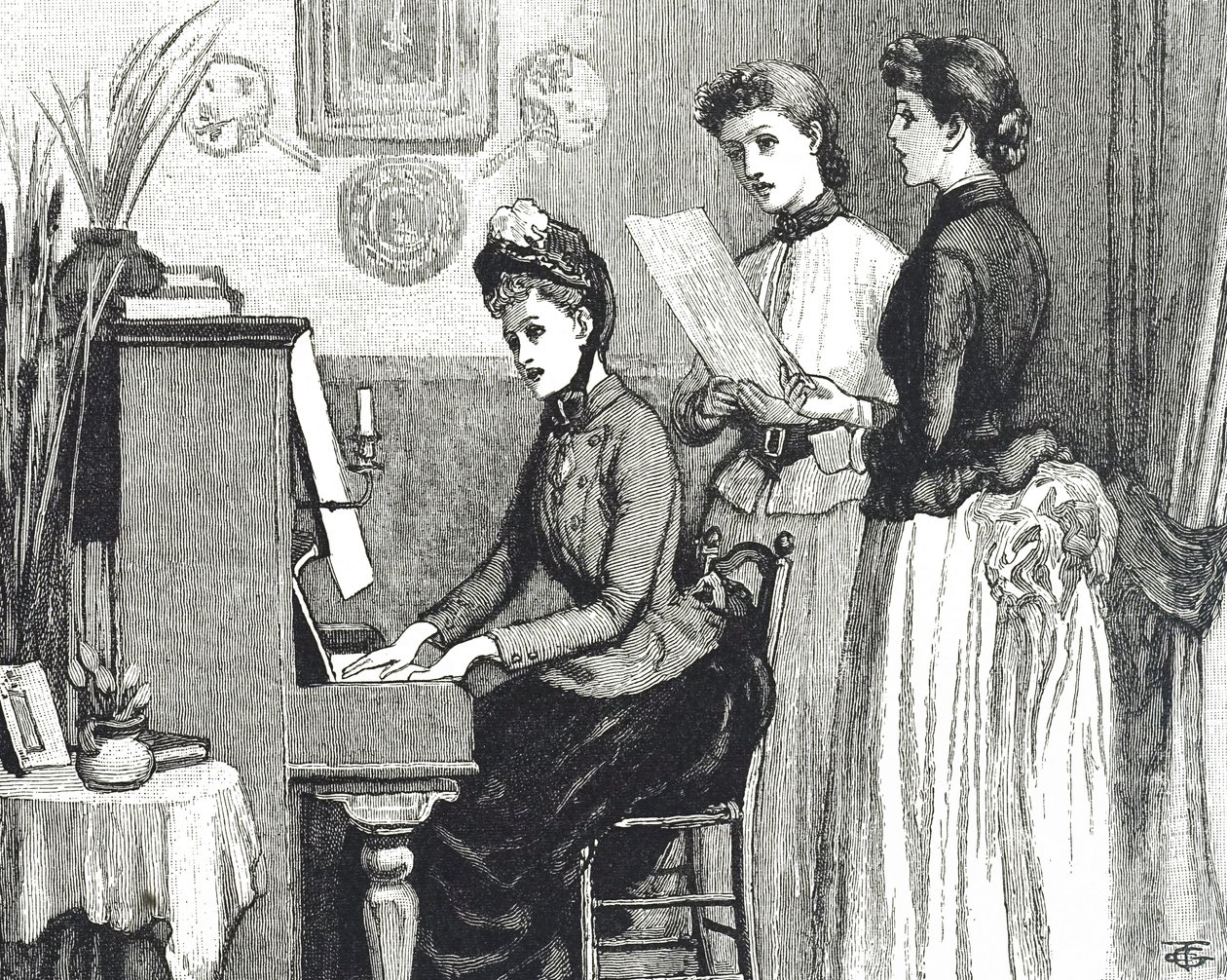 Salonda şarkı söyleyen genç bayanları betimleyen gravür by George du Maurier