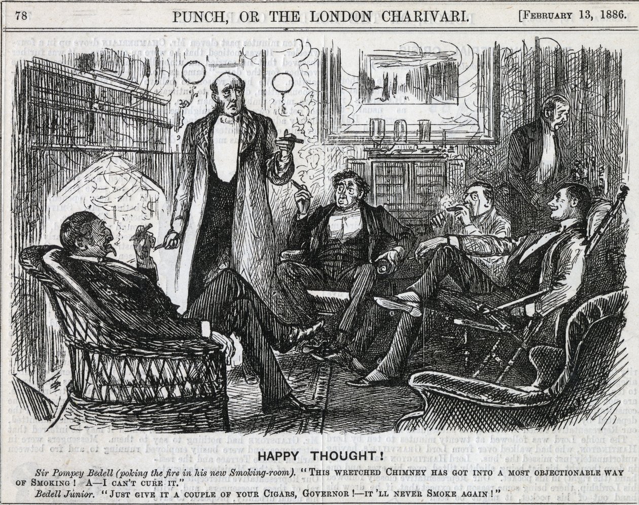 Beyler sigara odasında toplanmış yemekten sonra purolarını tüttürüyordu. George du Maurier karikatürü "Punch", Londra 1886. by George du Maurier