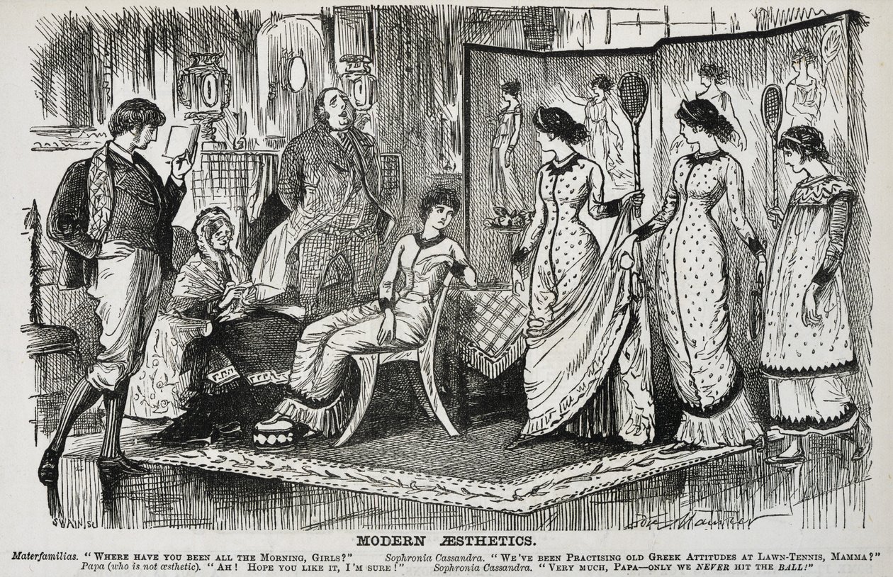Dekoratif sanatlarda moda olan Estetik Hareket üzerine George du Maurier karikatürü. "Punch", Londra