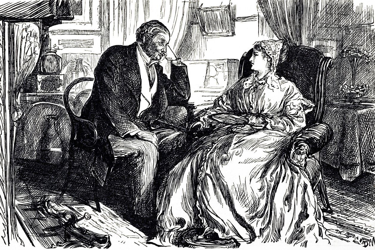 Georges du Maurier karikatürü, morina karaciğeri yağının sakinleştirici faydaları hakkında sohbet eden bir kadın ve erkeği resmediyor. İngiltere 1869 by George du Maurier
