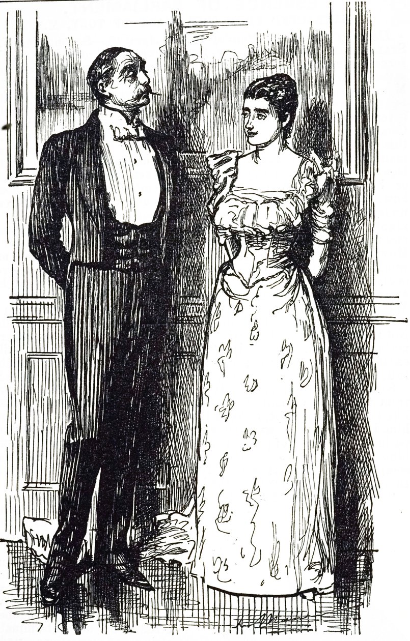 Georges du Maurier karikatürü, bir toplum etkinliğinde sohbet eden bir erkek ve kadını resmediyor, İngiltere 1891 by George du Maurier