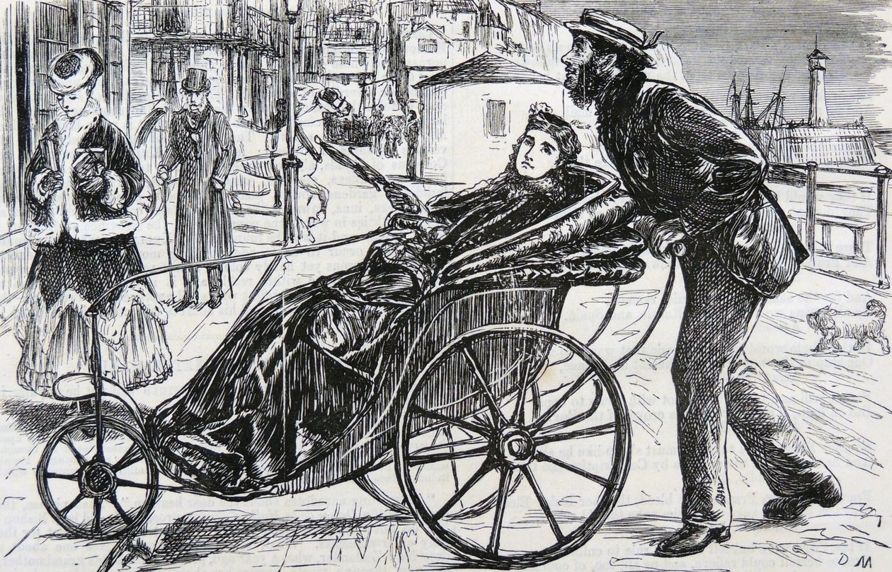 Patrick, bayanın banyo sandalyesini itiyor by George du Maurier