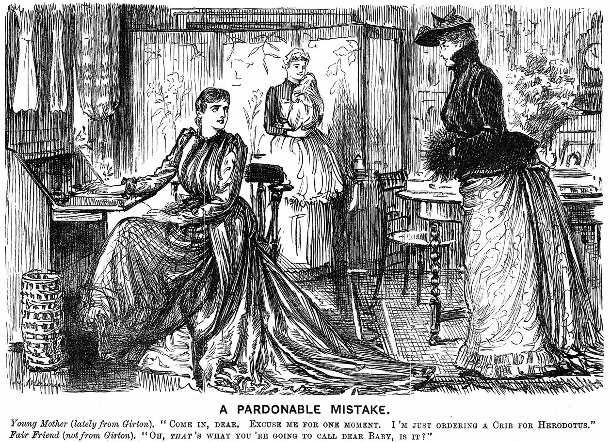 Kadınlar için üniversite eğitimi, konuşmalarını daha az eğitimli arkadaşları için kafa karıştırıcı hale getiriyor. George du Maurier karikatürü Punch London