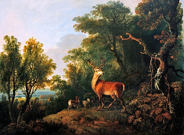 Ormanlık bir alanda bir geyik ve üç arka (panelde yağ) by George the Elder Barret