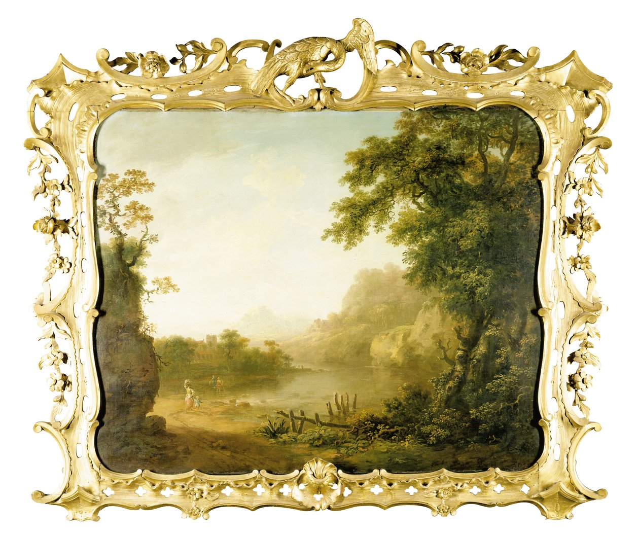 Ön planda figürler ve ötesinde bir köy bulunan bir İtalyan ormanlık nehir manzarası, 1755 by George the Elder Barret