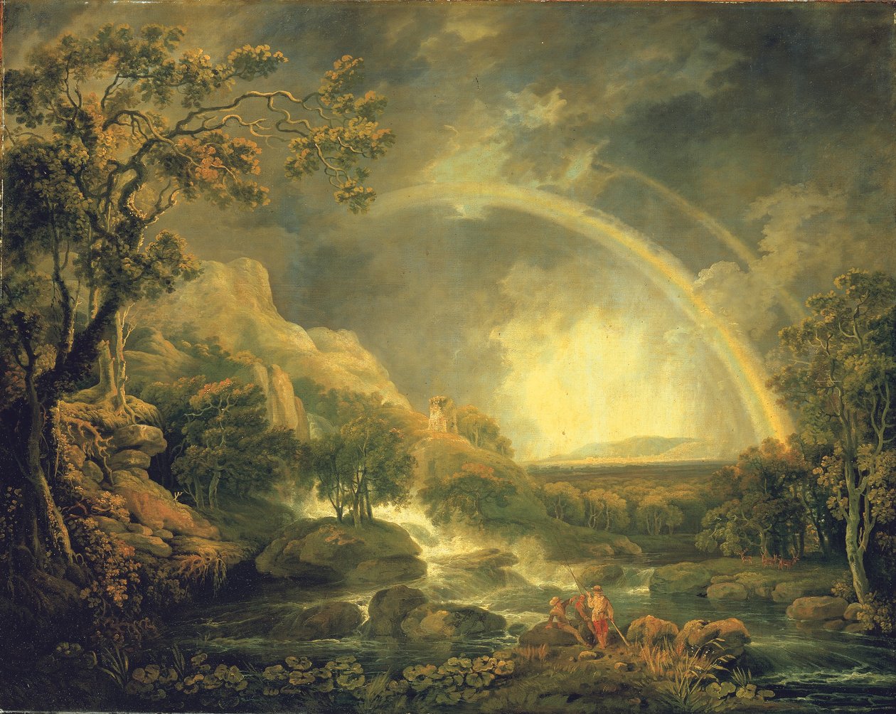 Bir şelalenin altındaki bir havuzun yanında olta balıkçıları ve bir gökkuşağı ile geniş ormanlık nehir manzarası by George the Elder Barret