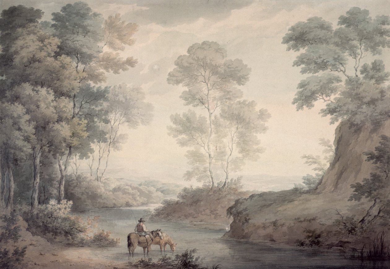 Nehir ve Sulama Atları ile Manzara by George the Elder Barret