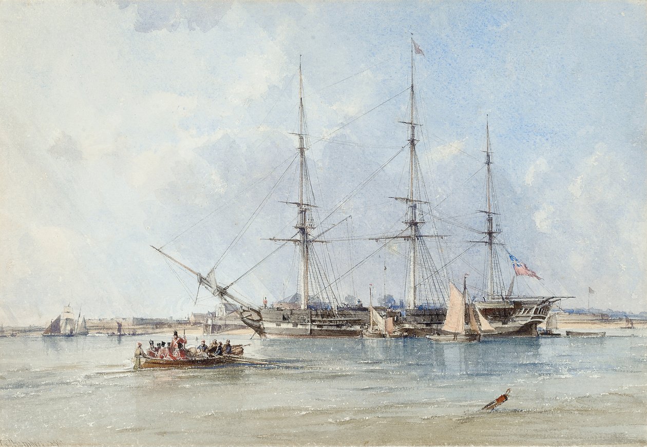 Blackwall firkateyni Seringapatam Tilbury Fort açıklarında demirli by George the Elder Chambers