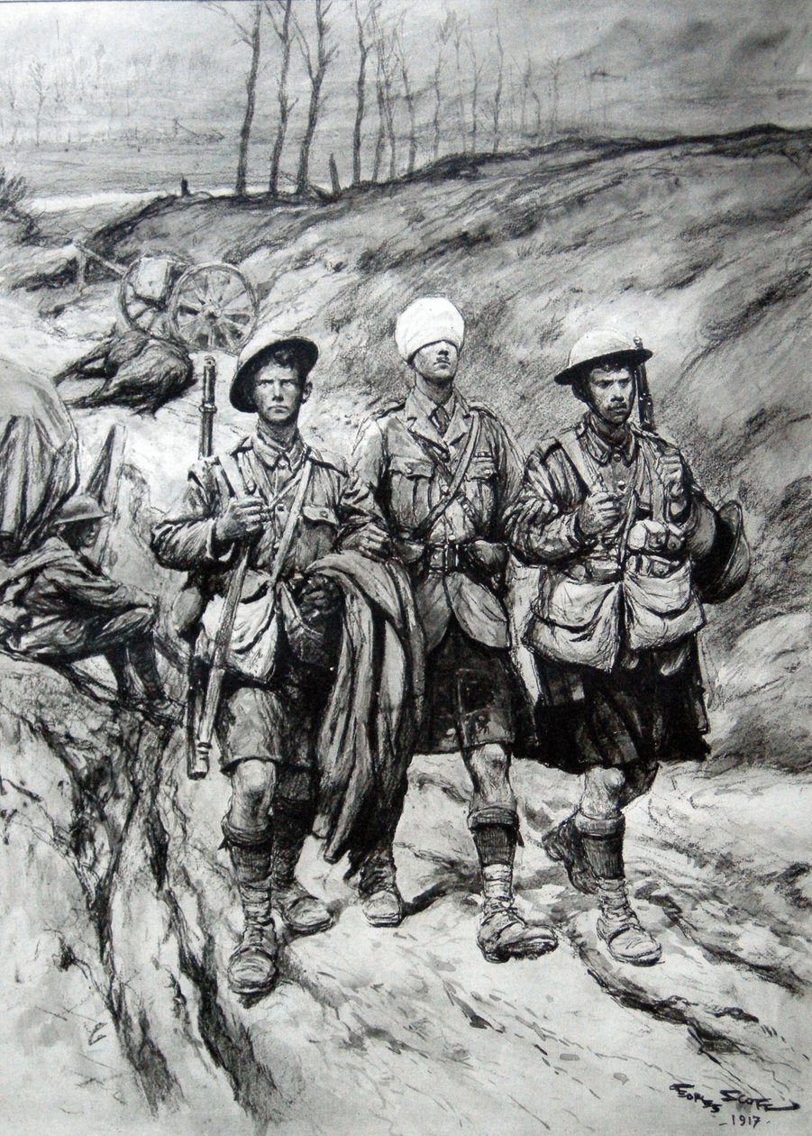 İskoç askerleri yaralı subaylarına yardım ediyor, 1917 by Georges Bertin Scott
