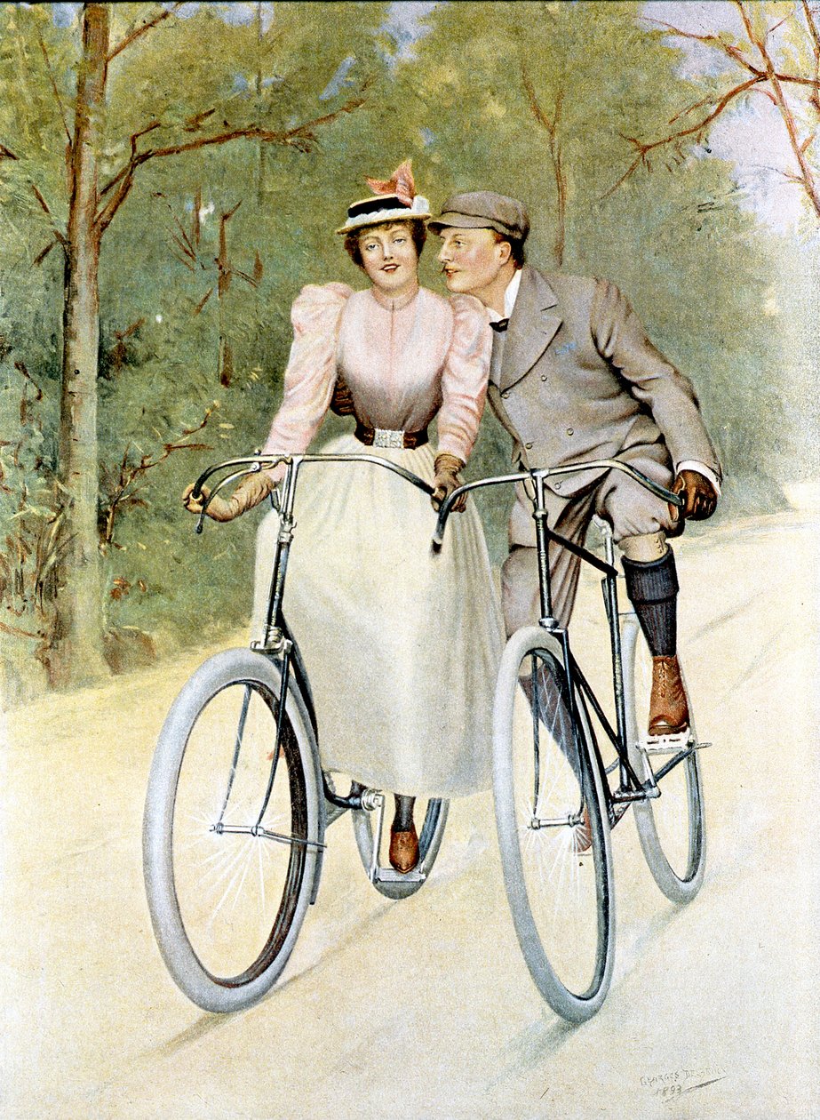 Bisiklete binen çift, 1893 (renkli gravür) by Georges Debrock