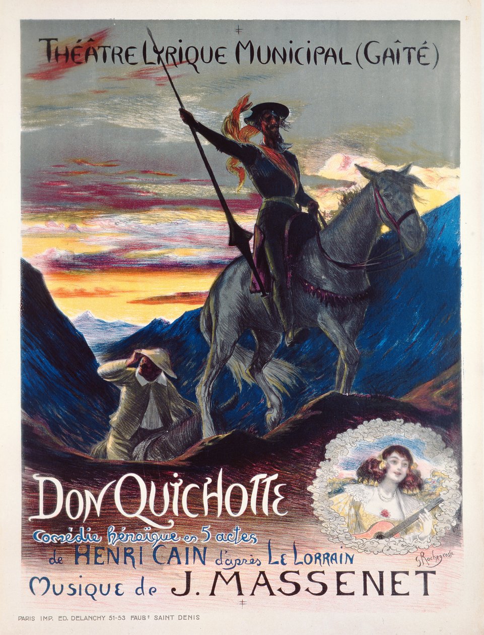19 Şubat 1910'da Monte Carlo'daki yaite-Lyrique Tiyatrosu'nda operanın ilk yapımı olan Don Kişot'un reklamını yapan afiş by Georges Marie Rochegrosse