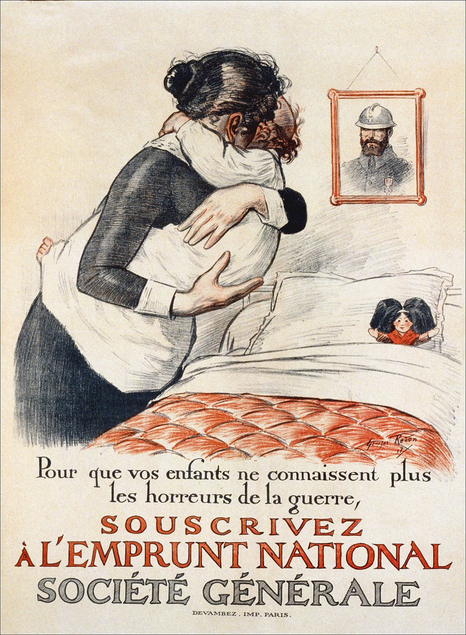 Çocuklarınızın savaşın dehşetini yaşamasını önlemek için Societe Generale ulusal kredisine abone olun - poster, 1917 by Georges Redon