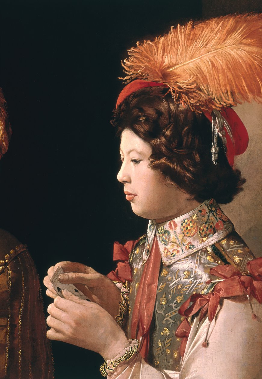 Elmas Ası ile Hile, tüylü şapkalı erkek kart oyuncusunu gösteren detay, c.1635-40 (90053 detayı) by Georges de La Tour