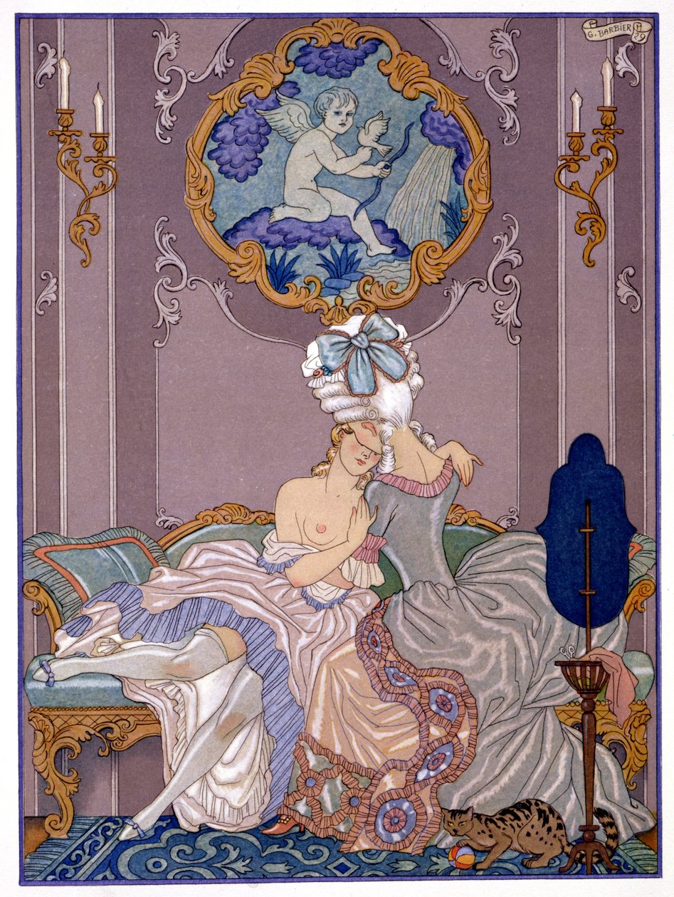 1920'lerde yayınlanan Pierre Choderlos de Laclos'un (1741-1803) 'Les Liaisons Dangereuses' filminden yatak odası sahnesi (pochoir baskı) by Georges (after) Barbier