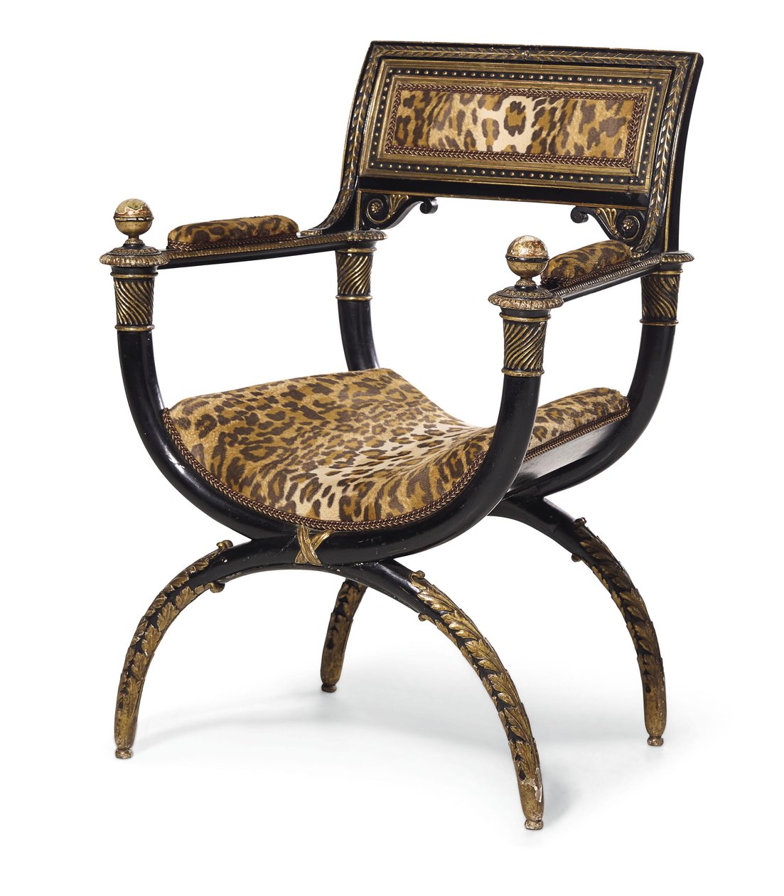 A Directory curule koltuk, c.1795 (leopar desenli döşemeli abanoz ve yaldızlı ahşap) by Georges (attr. to) Jacob