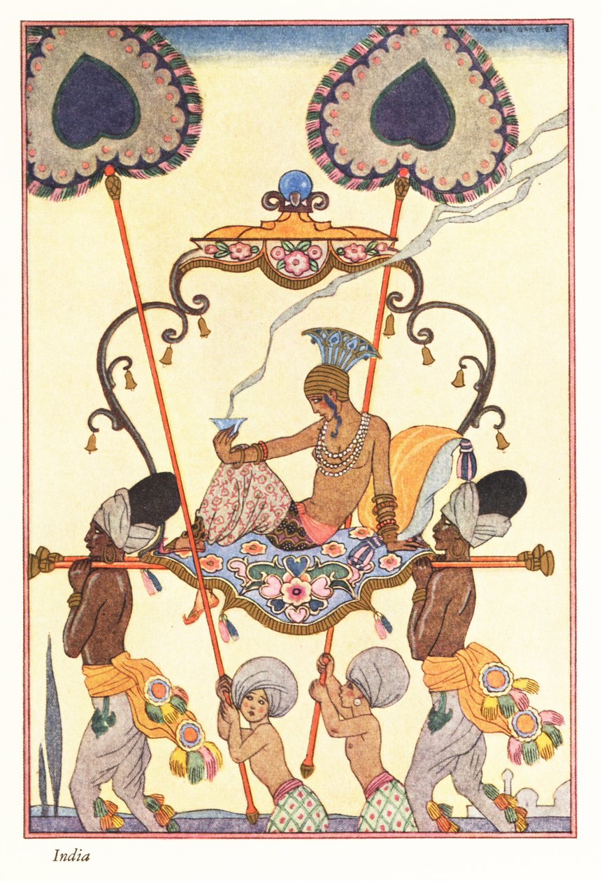 Soylu bir kadın tahtırevanda tütsü yakar, eski Hindistan 1928 (baskı) by Georges Barbier
