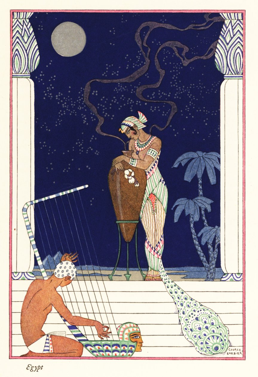 Yanık koku kokan bir kraliçe duruyor, eski Mısır1928 (baskı) by Georges Barbier