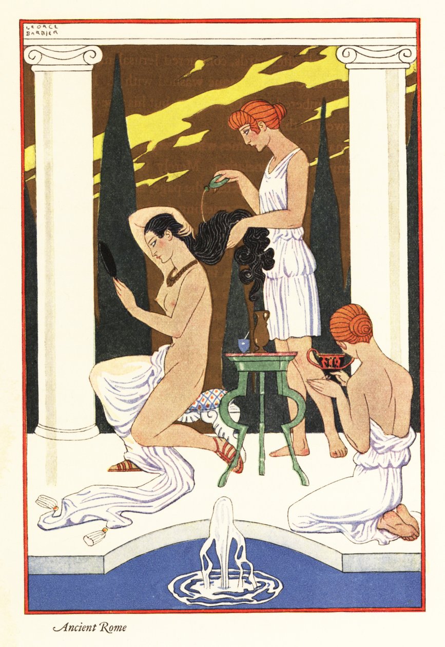 Bir köle metresinin saçına kokulu yağ döküyor, antik Roma 1928 (baskı) by Georges Barbier