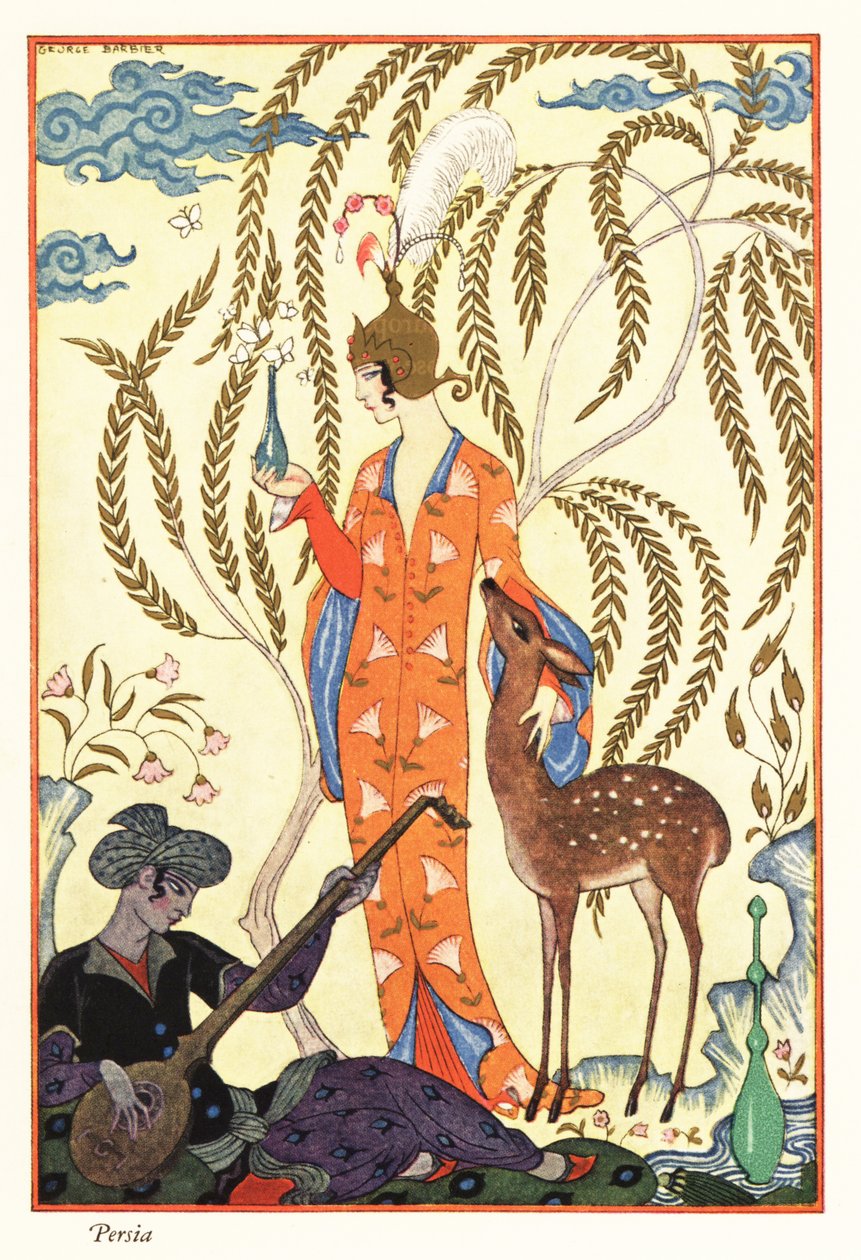 Bir kadın bir parfüm şişesi tutuyor, antik Pers by Georges Barbier