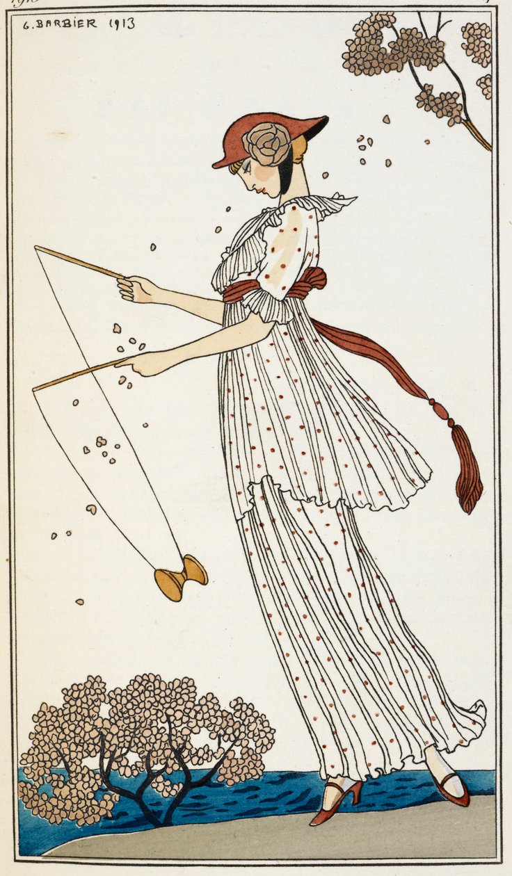Bir oyuncakla oynayan, baskılı beyaz keten elbise giyen bir kadın by Georges Barbier