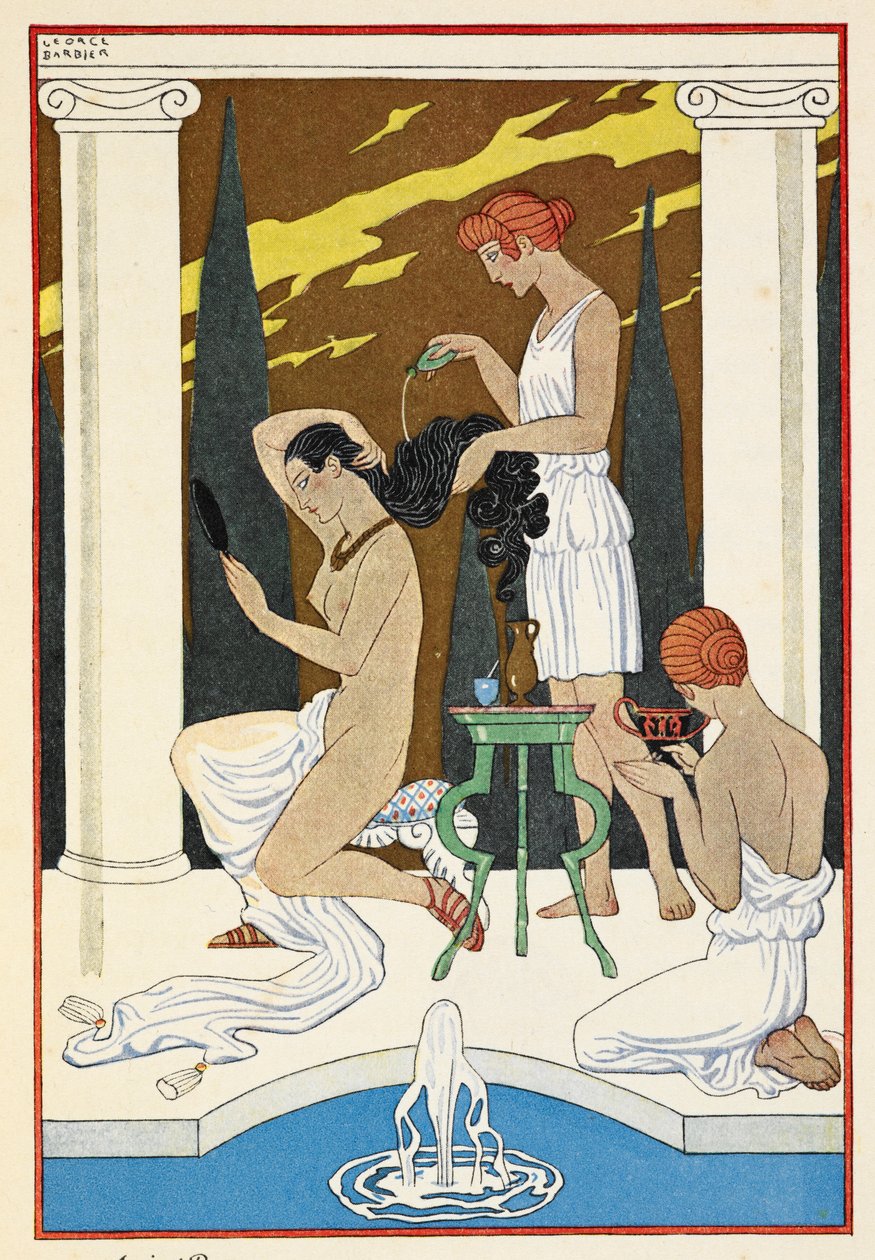 Antik Roma. Hizmetçiler tarafından saçlarını yıkayan bir şahsiyet. by Georges Barbier