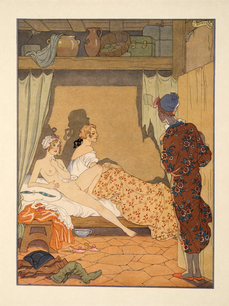 Yatak Odası Sahnesi, Pierre Choderlos de Laclos (1741-1803) pub'ın 'Les Liaisons Dangereuses'dan bir çizim. 1934 (kalıp baskısı) by Georges Barbier
