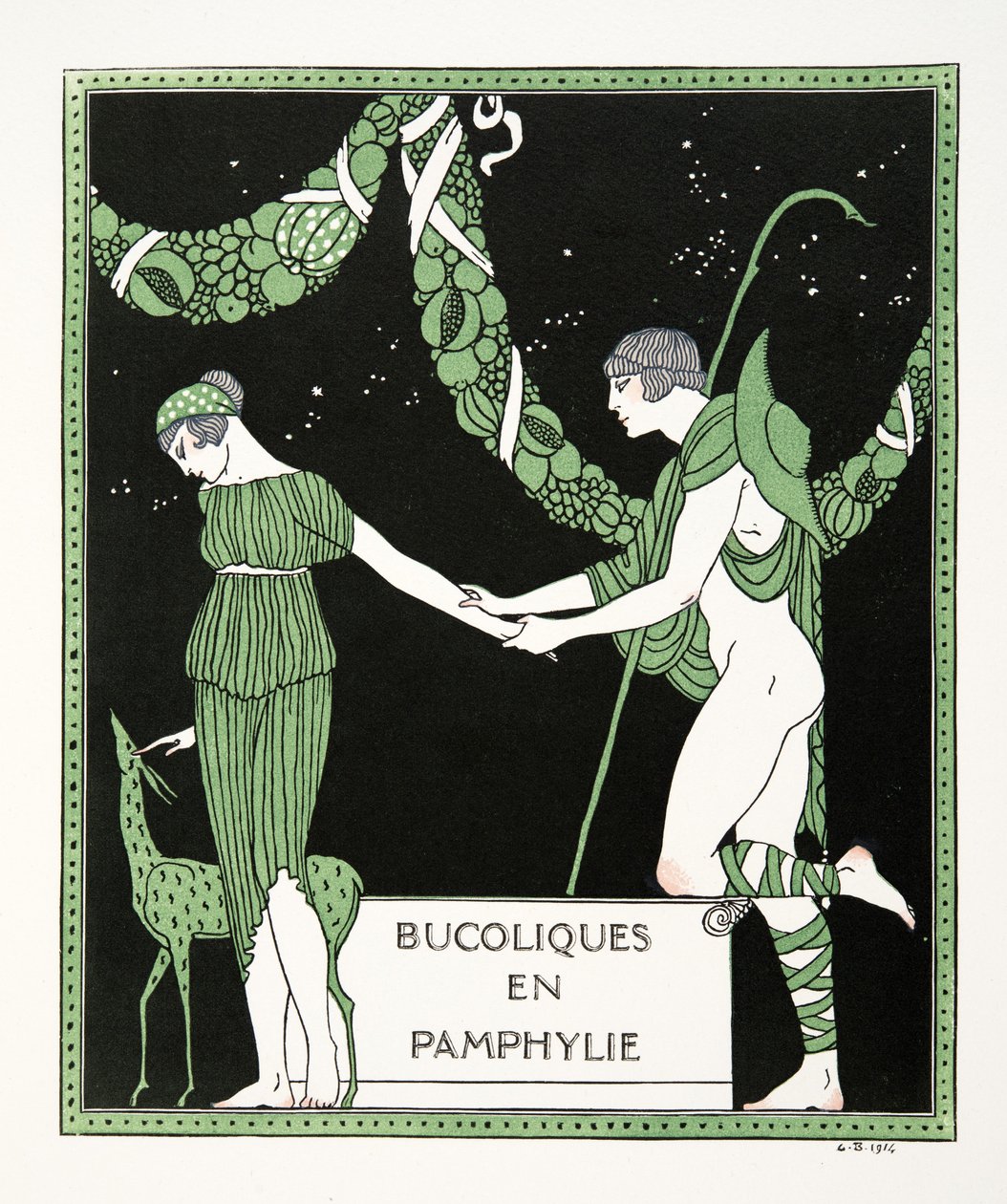 Bucoloques en Pamphylie, Les Chansons de Bilitis'ten bir çizim, Pierre Louys, pub. 1922 (kalıp baskısı) by Georges Barbier