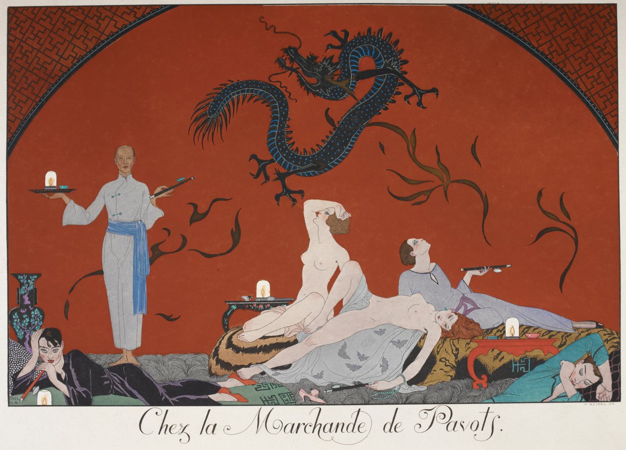 Chez la Marchande de Pasots. Bazıları çıplak, bir odada yatan insanlar. Çin dekorasyonu. by Georges Barbier