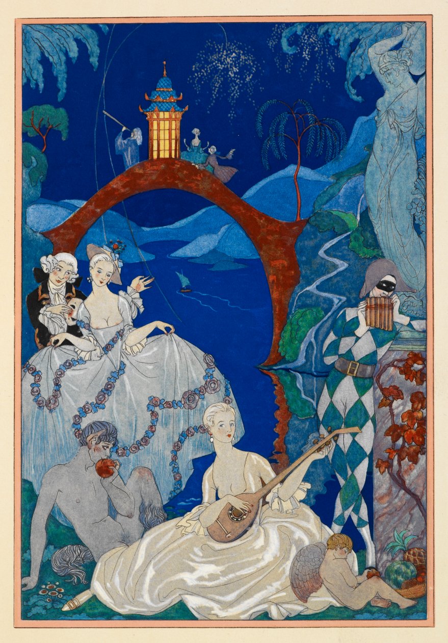Claire de Lune. Mandolin çalan güzel bir kadın. Yanında oturan bir Faun. Bir alacalı. Hepsi bir manzara içinde. by Georges Barbier