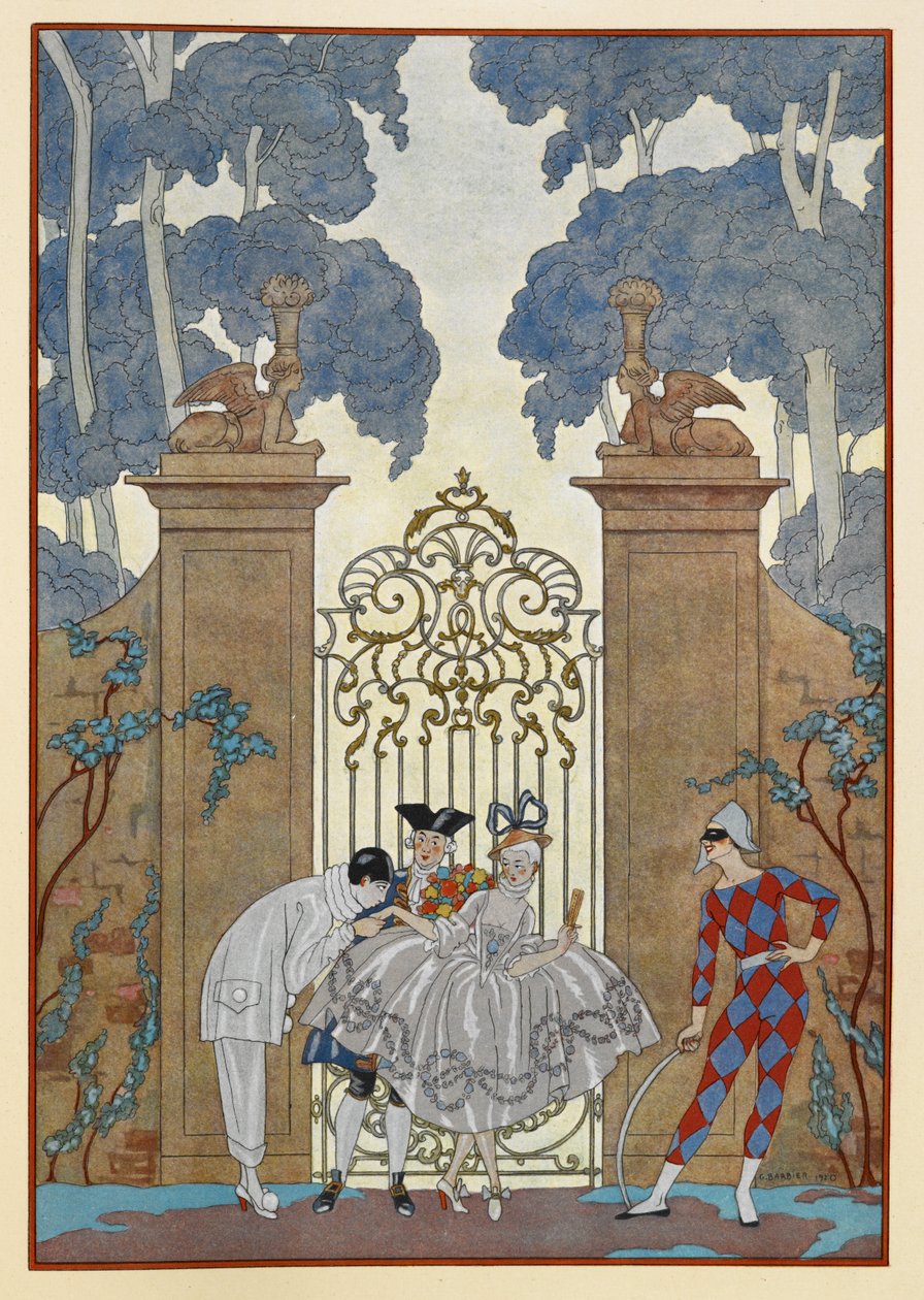 Kolombin. Kapının dışında duran insanlar. Bir Pierrot. by Georges Barbier