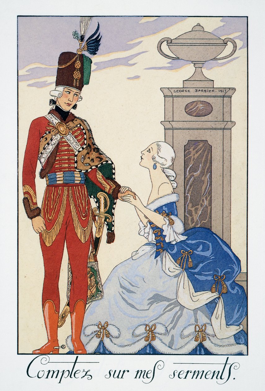 Yeminlerime güvenin (size sadık kalacağım), Macar hafif süvari eri, George Barbier (1882-1932) tarafından litografi, Falbalas et Fanfreluches, Almanach des Modes Presentes, Passees et Futures by Georges Barbier