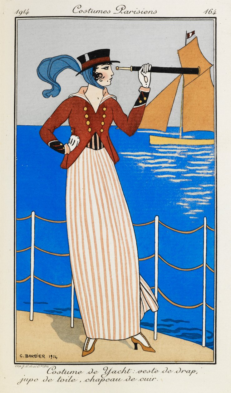 Yat Kostümü: veste de drap, jupe de toile, chapeau de cuir. Yat kostümü giyen bir kadın: kırmızı kumaş ceket, çizgili keten etek, deri şapka ve mavi eşarp. Arka planda tekneyi işaret eden bir teleskop kullanıyor. Kostümler Parisliler. by Georges Barbier