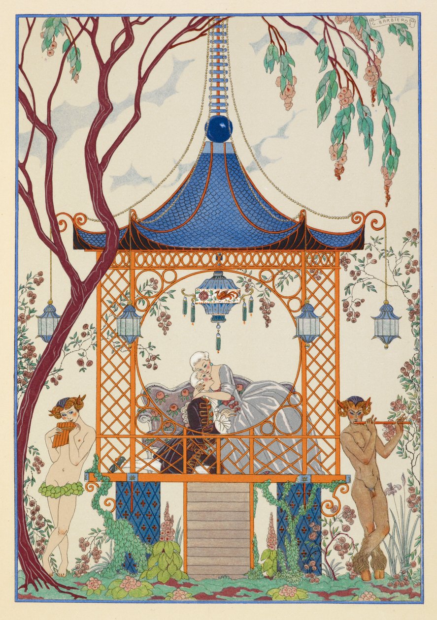 Cythère. Bir köşkte kucaklaşan bir erkek ve kadın. Dışarıda pipo çalan efsanevi yaratıklar. by Georges Barbier