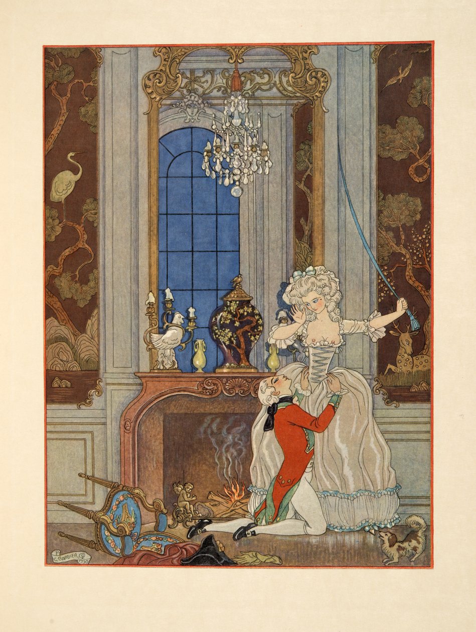 Danceny, Cecile'e aşkını ilan ediyor, Pierre Choderlos de Laclos (1741-1803) pub'ın 'Les Liaisons Dangereuses' adlı çiziminden. 1934 (kalıp baskısı) by Georges Barbier