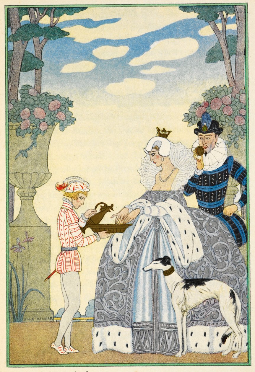 Elizabeth İngiltere. Bir hanımefendi ve beyefendi ve hizmetçi. Bir tazı. by Georges Barbier