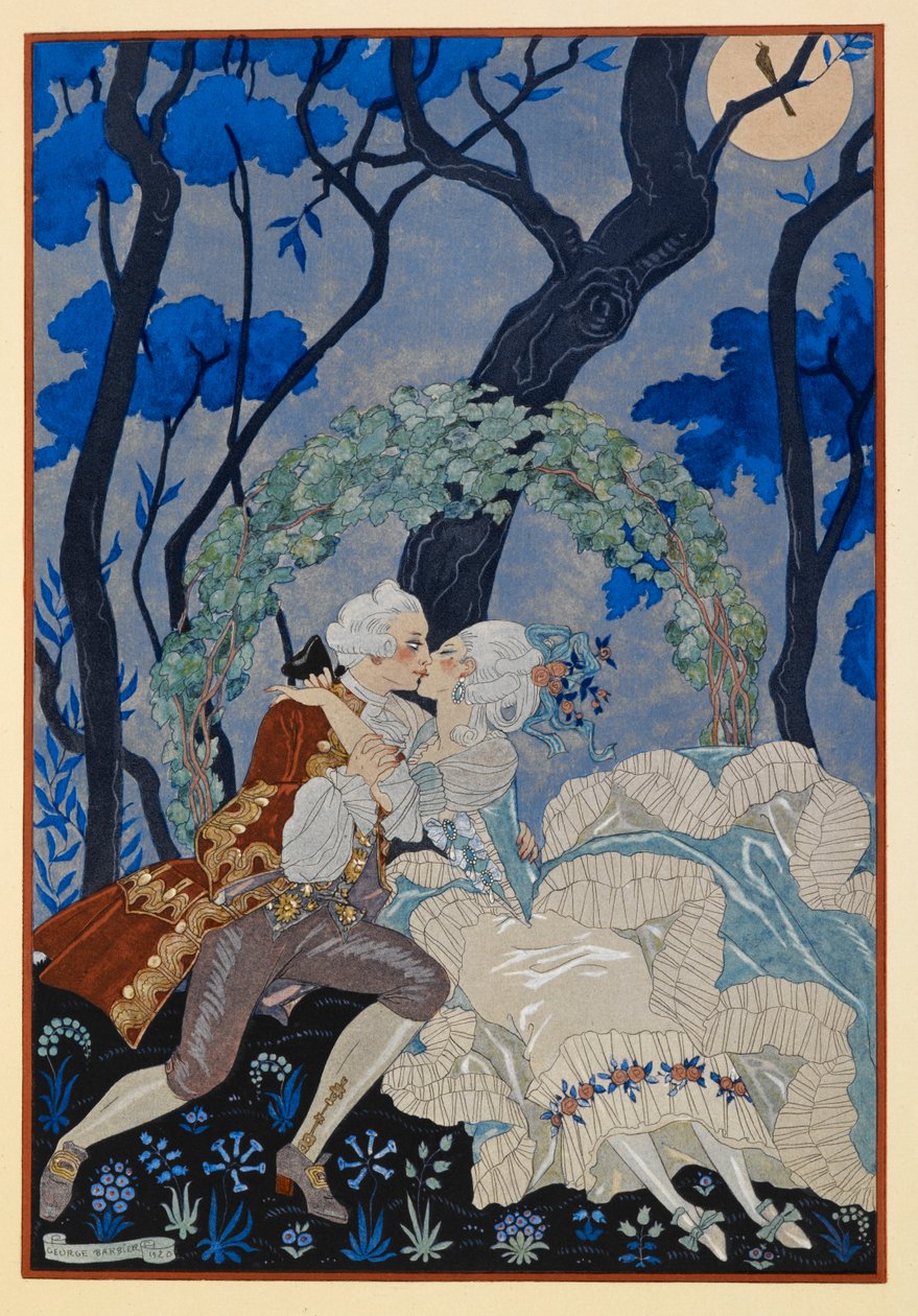 En Sourdine. Ay ışığının altında öpüşen bir erkek ve kadın. by Georges Barbier