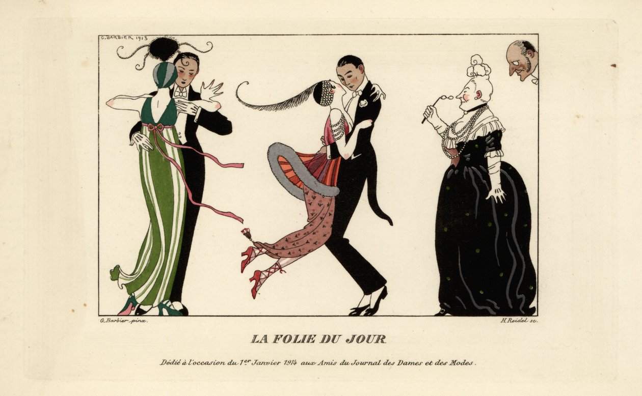 Bir baloda enerjik bir şekilde dans eden şık çiftler by Georges Barbier