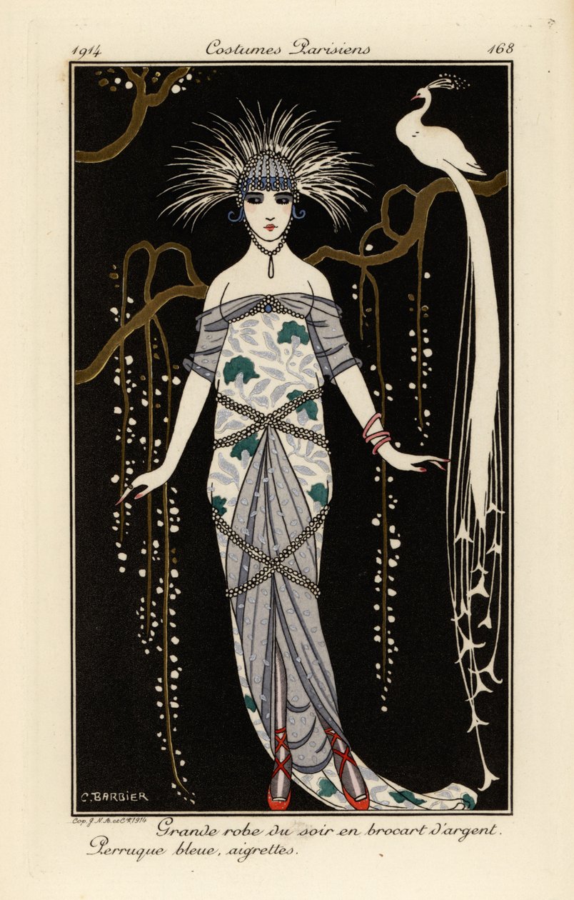 Gümüş brokar, mavi peruk ve tüylerden oluşan büyük gece elbisesi. by Georges Barbier